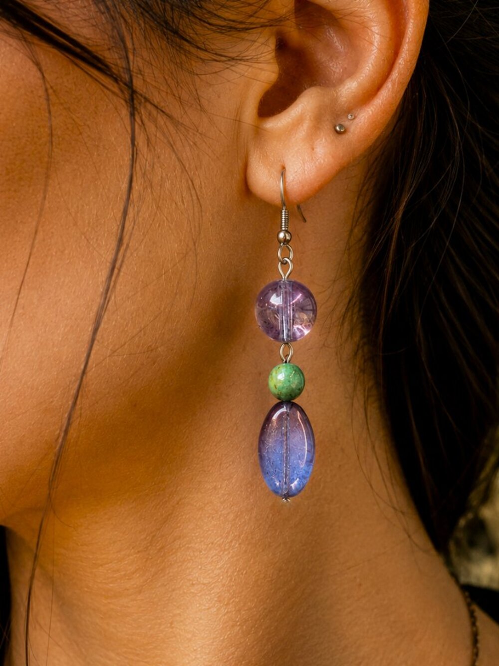 Whimsigoth Plum Luster Glass Drop Earrings, Green Garnet Beads, Stainless Steel